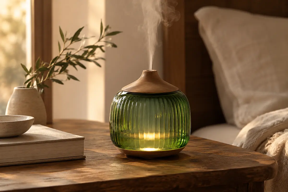 Diffuseur ultrasonique en verre vert avec lumière LED, posé sur une table en bois dans un intérieur calme.