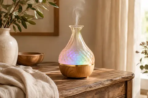 Diffuseur ultrasonique en verre à finition dorée, posé sur un meuble en bois avec une légère brume.