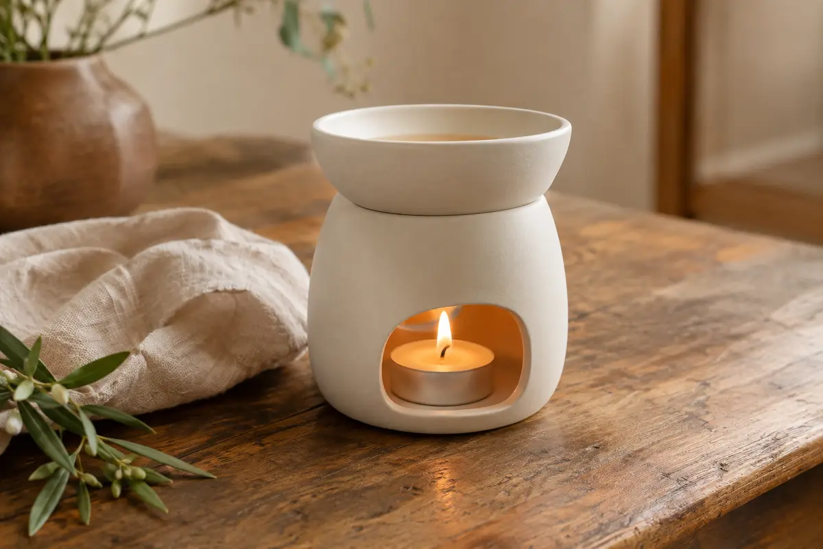 Brûle-parfum blanc en céramique posé sur du bois patiné dans une ambiance intérieure douce