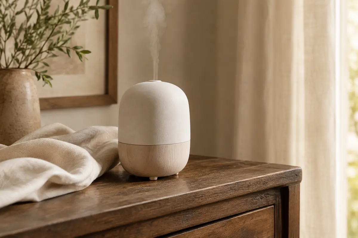 Diffuseur ultrasonique Pranarôm Cera en bois d’hévéa et céramique posé sur une console en bois