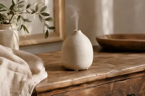 Diffuseur d’huiles essentielles Alba en céramique mate posé sur une console en bois patiné.