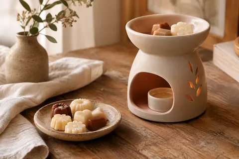 Fondants de cire de soja aux senteurs d’automne près d’une lampe en céramique sur du bois