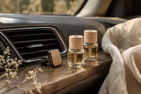 Deux diffuseurs de voiture en verre avec bouchons en bois et pince de fixation pour grille d’aération.