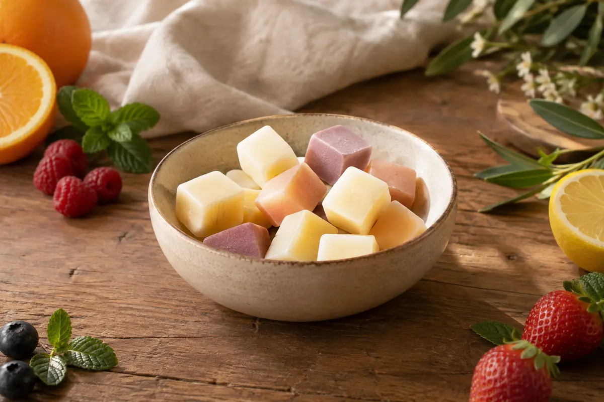Cubes de fondant en cire de soja dans une coupelle, avec des fruits et des feuilles de menthe.