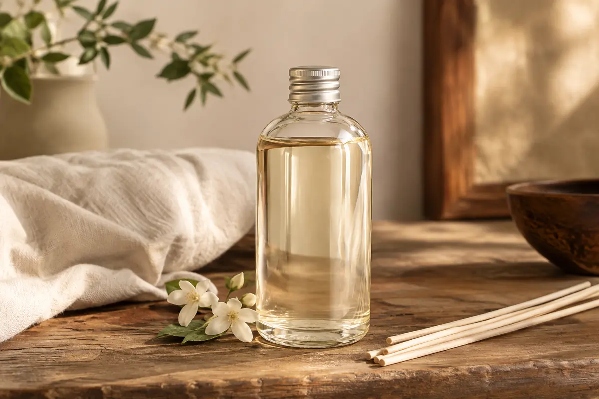 Recharge liquide au jasmin pour diffuseur à bâtonnets, posée sur un bois patiné dans un intérieur lumineux