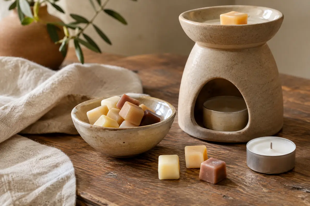 Cubes de cire de soja parfumée près d’un brûle-parfum en céramique sur une table en bois