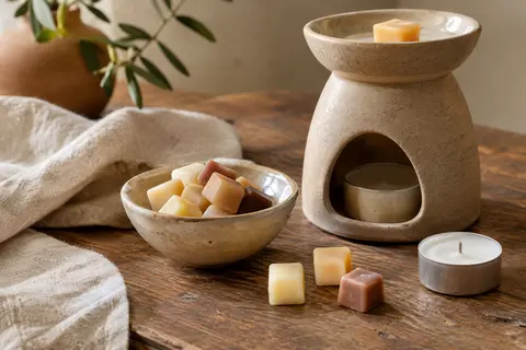 Cubes de cire de soja parfumée près d’un brûle-parfum en céramique sur une table en bois