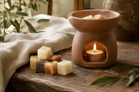 Cubes de cire de soja près d’un brûle-parfum en céramique posé sur du bois patiné