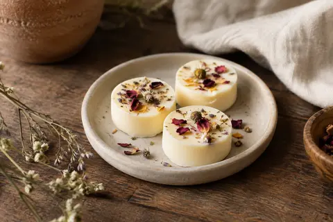 Trois fondants de cire de soja ornés de fleurs séchées sur une coupelle en céramique mate