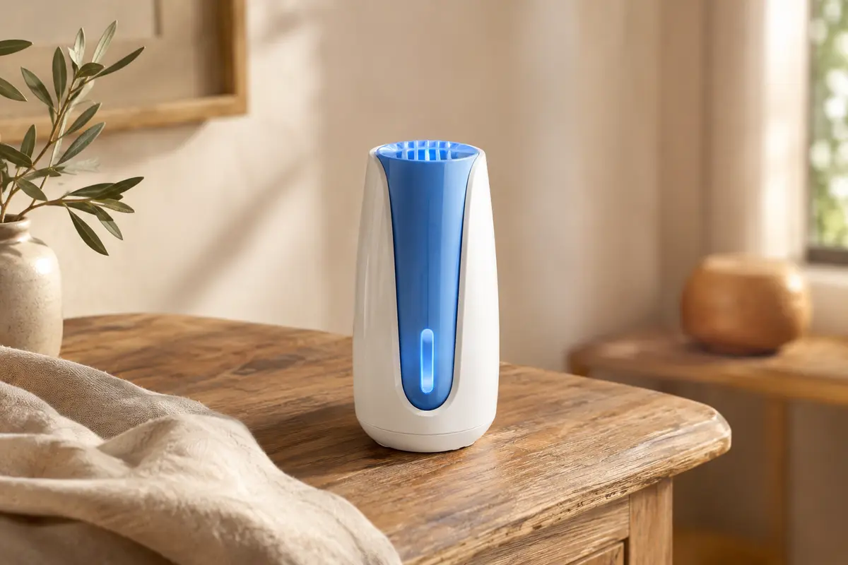 Diffuseur Soehnle Valencia blanc et bleu posé sur un meuble en bois, avec sa LED bleue allumée.