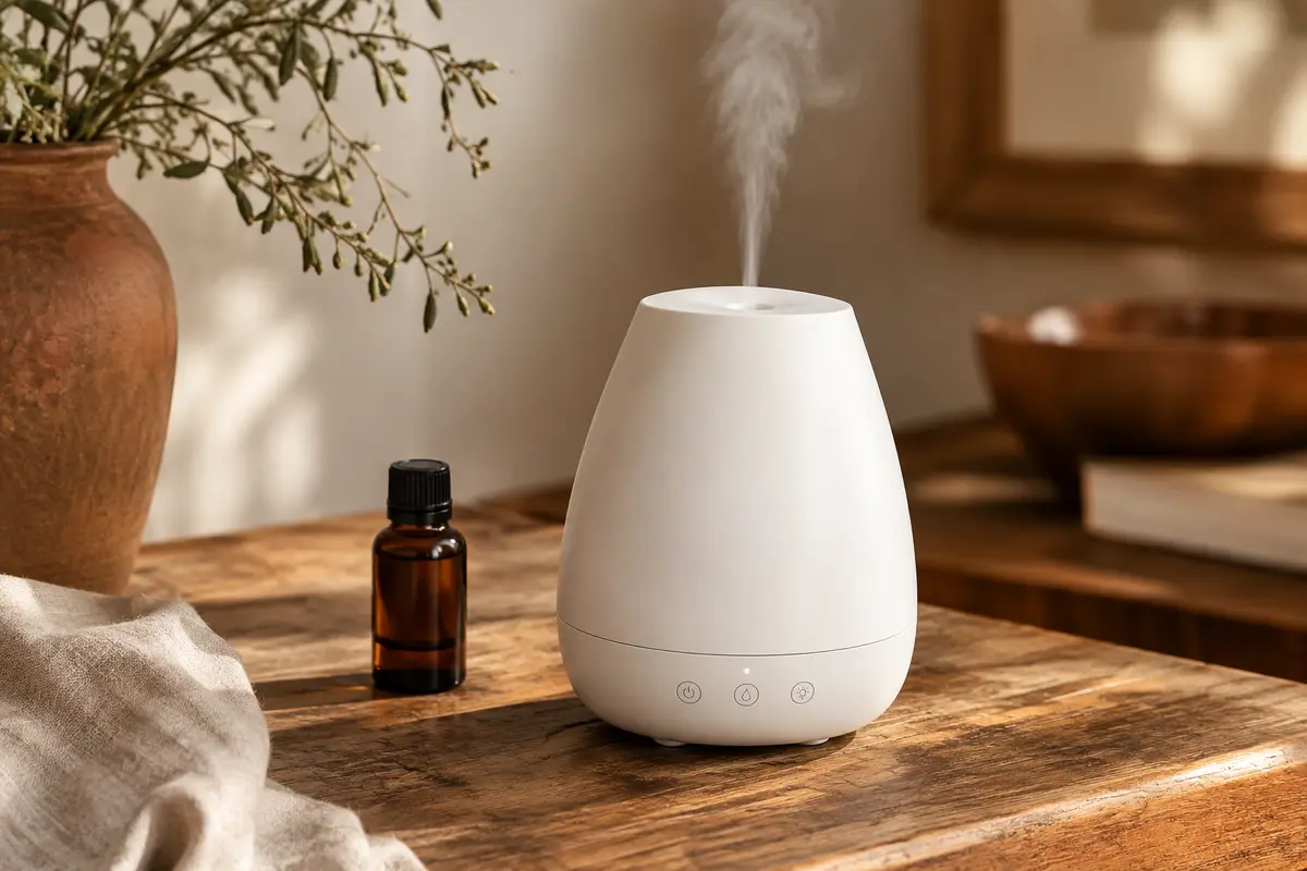 Diffuseur nébuliseur compact blanc posé sur du bois, dans un intérieur lumineux aux tons naturels.