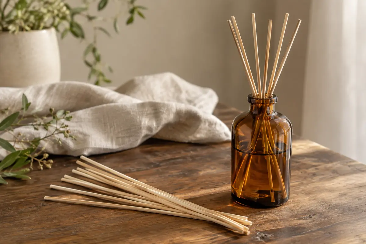 Bâtonnets de rotin naturels de 25 cm disposés près d’un flacon diffuseur en verre ambré