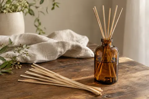 Bâtonnets de rotin naturels de 25 cm disposés près d’un flacon diffuseur en verre ambré