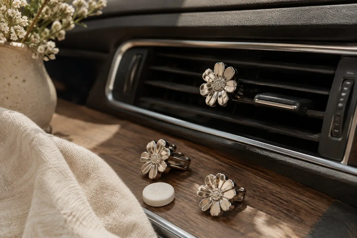 Clips diffuseurs métalliques en forme de marguerite fixés sur une grille d’aération de voiture