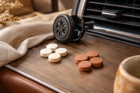 Huit comprimés parfumés pour diffuseur voiture à clip, présentés près d’une grille d’aération
