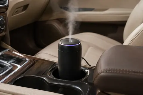 Diffuseur USB noir en forme de gobelet installé dans un porte-gobelet de voiture, avec une brume légère.