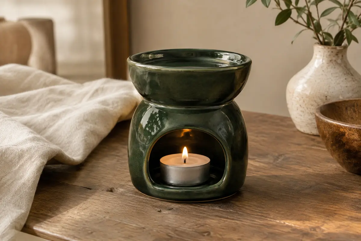 Brûle-parfum en céramique vert foncé posé sur du bois, avec son bol et une bougie chauffe-plat.
