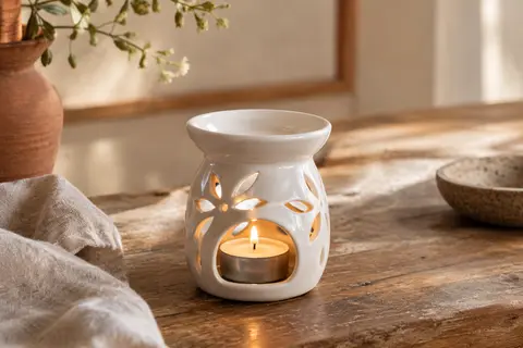Brûle-parfum en porcelaine ajourée posé sur une table en bois, avec une bougie allumée à l’intérieur.