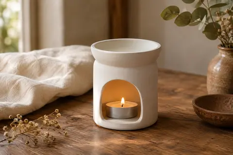 Brûleur à parfum en céramique blanche posé sur du bois patiné dans un intérieur lumineux