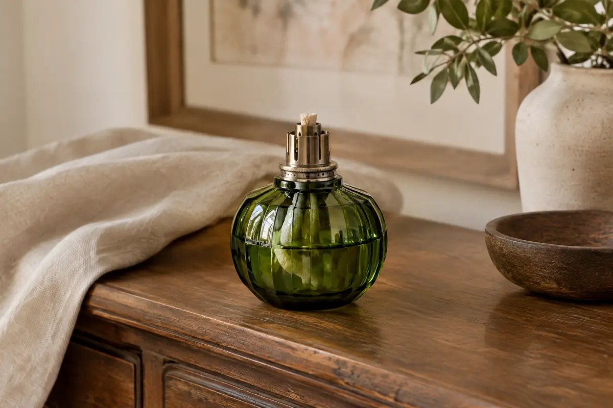 Lampe catalytique en verre vert avec brûleur métallique posée sur une console en bois patiné.