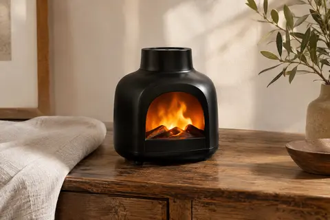 Brûle-parfum électrique noir à effet flamme posé sur une console en bois, près d’un textile en lin.