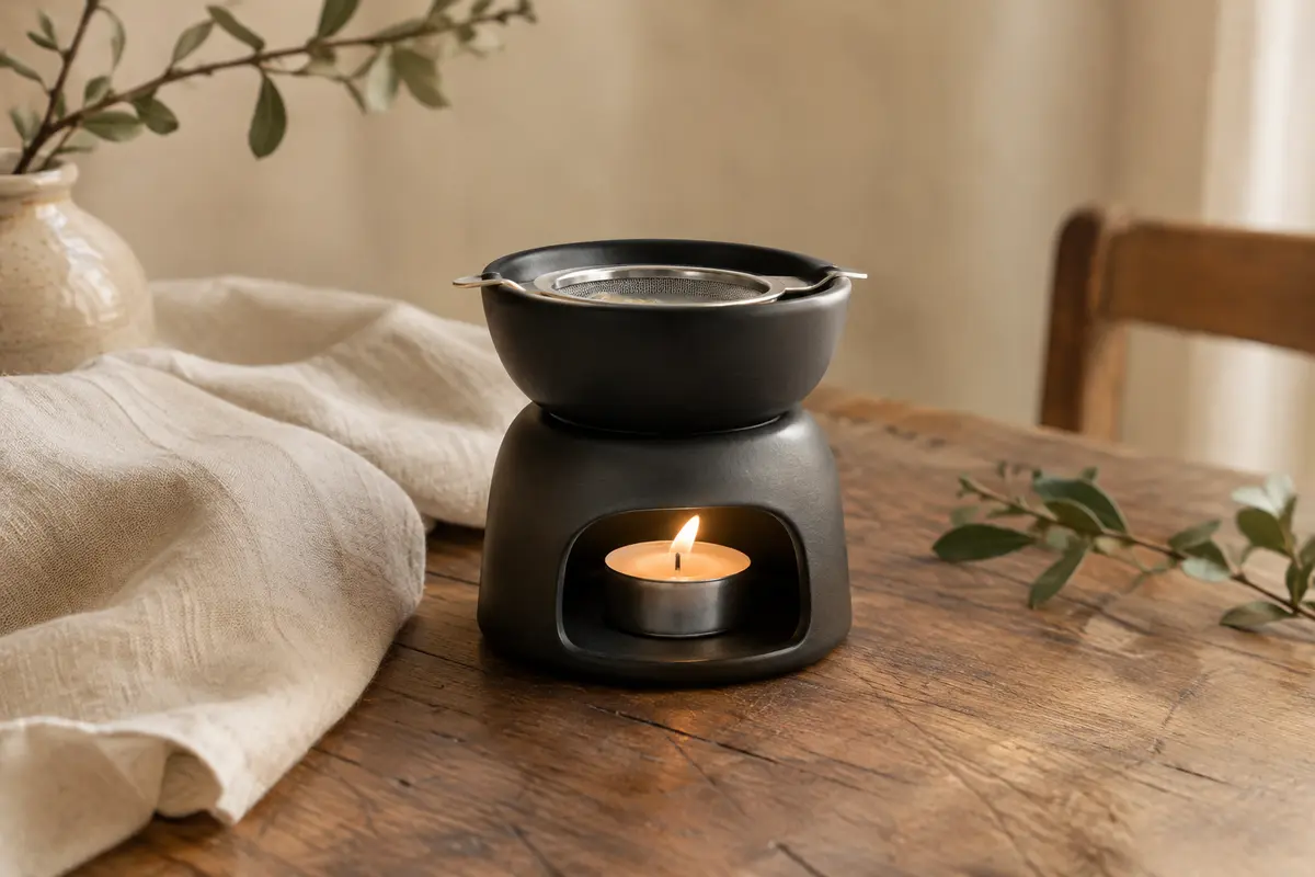 Brûle-parfum à bol en céramique noire mate et tamis en acier sur une table en bois
