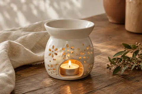 Brûle-parfum en céramique blanche ajourée posé sur du bois, avec une bougie chauffe-plat allumée.