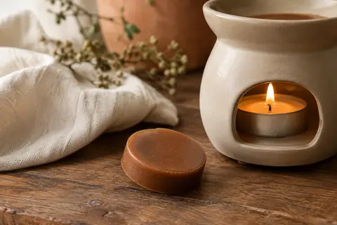 Fondant de cire parfumé à la cannelle présenté près d’un brûleur sur du bois patiné.