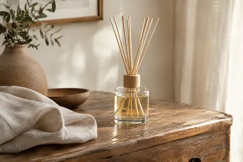 Flacon en verre transparent de diffuseur au jasmin blanc avec huit bâtonnets, posé sur une console en bois.