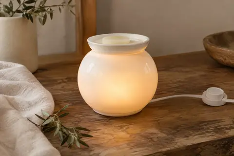 Brûle-parfum électrique en porcelaine blanche éclairé de l’intérieur, avec coupelle de cire et cordon à variateur, sur une console en bois patiné.
