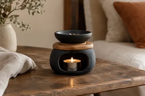 Brûle-parfum en céramique noire et bois posé sur une table patinée, avec une bougie allumée