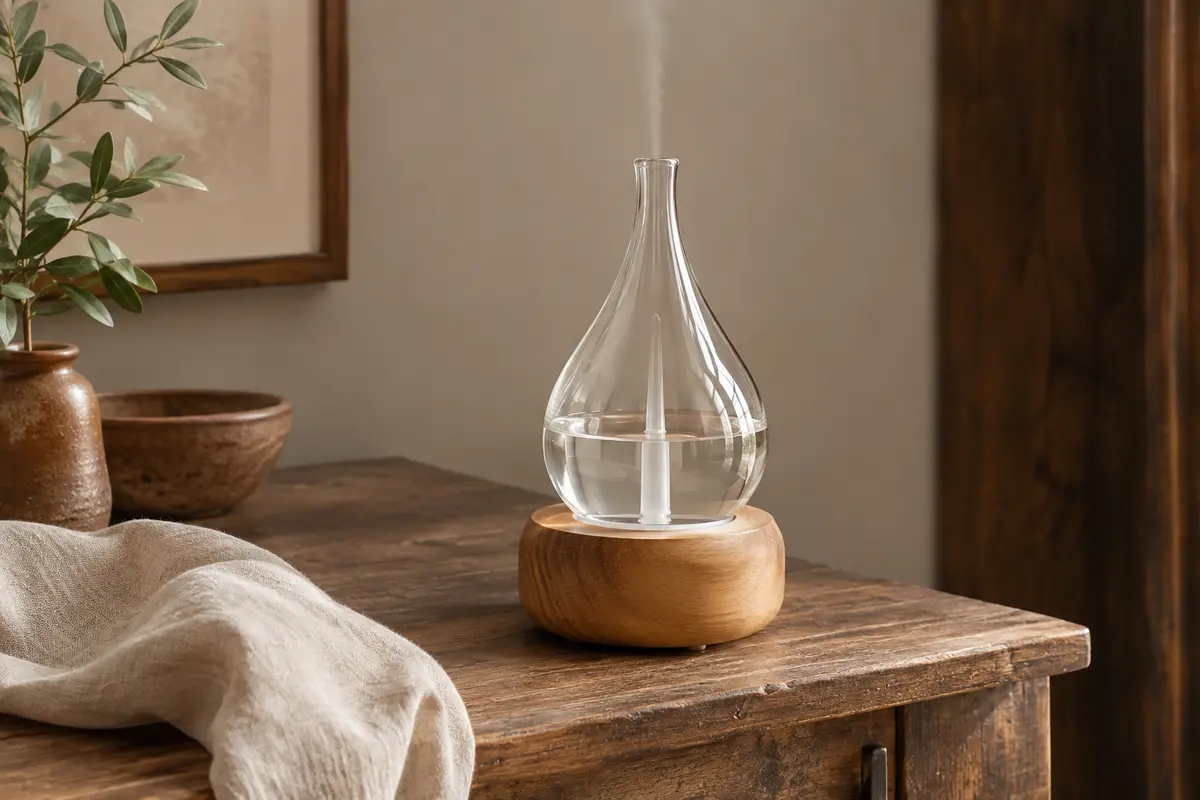 Diffuseur par nébulisation en bois et verre posé sur une console dans un intérieur lumineux
