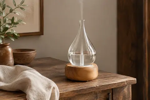 Diffuseur par nébulisation en bois et verre posé sur une console dans un intérieur lumineux