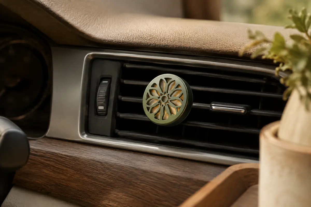 Diffuseur de voiture vert Zen’Arôme à motif rosace, clipsé sur une grille d’aération.
