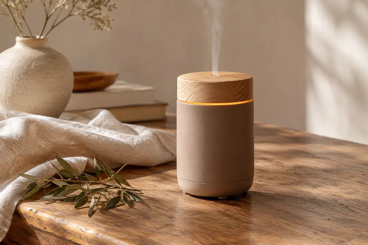 Diffuseur compact brun clair à détail de bois, éclairé par une douce lumière LED sur une table patinée.
