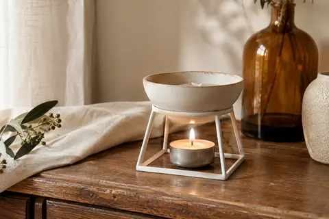 Brûle-parfum géométrique en métal blanc avec bol en céramique posé sur une console en bois.