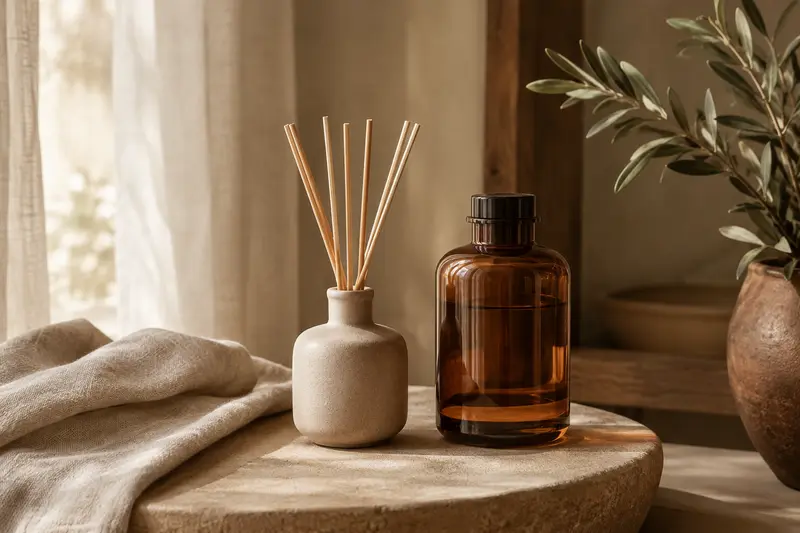 Diffuseur et flacon de parfum mis en scène dans un intérieur aux matières naturelles et aux tons chaleureux