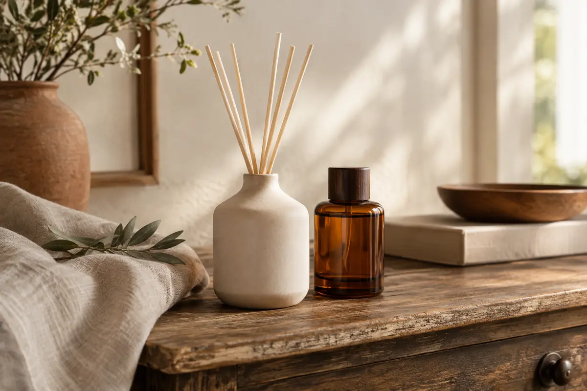 Diffuseur en céramique et flacon ambré réunis sur une console en bois dans un intérieur apaisant